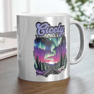 Northern Exposure: Cicely, Alaska Metallic Coffee Mug (Silver), Aurora Borealis, Northern Lights Cicelean Mug, Gift, 90&#39;s art