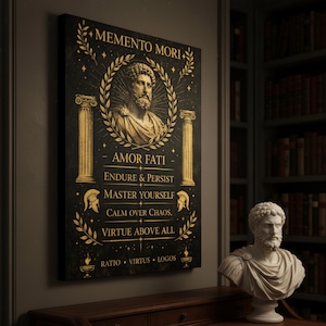 May include: A framed black and gold artwork with the text "MEMENTO MORI" and other phrases. The artwork features a bust of a man, laurel wreaths, and columns. A white bust of a man is on a table in front of a bookshelf.