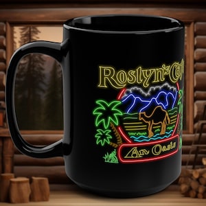 Northern Exposure style Neon Roslyn&#39;s Cafe Mug 15oz, Cicely Alaska, KBHR 570AM, Minnifield Communications, Cicelean Mug