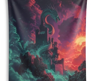 Tapiz de pared con castillo de dragón de fantasía, decoración estética gótica oscura CastleCore, regalo de arte mural con castillo encantado medieval, tapiz místico para el hogar