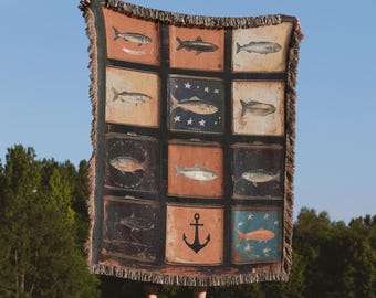 Rustic Sardine Woven Blanket - Vintage Fishing Theme Wall Hanging - Nautical Anchor and Fish Tapestry - Coastal Maritime Home Décor Gift