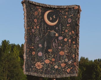 Woven Cottagecore Moonlit Bear Tapestry Blanket, Floral Throw, Nature Wildlife Bedding, Home Decor, Cozy Boho Aesthetic Gift for Her and him