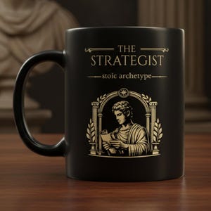 May include: Black ceramic mug with a gold design. The text reads "THE STRATEGIST" and "stoic archetype." The design includes a classical figure illustration. The mug has a black handle and is set against a wooden surface.