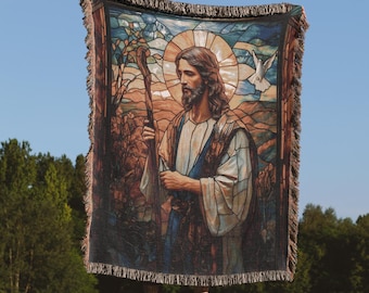 Jesus Woven Blanket Tapestry, Christian Religious Throw Blanket, Stained Glass Style Art, Inspirational Faith Home Decor Gift, Church Decor