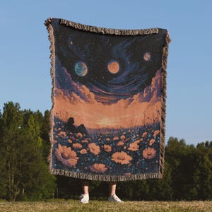 Starry Night Woven Blanket - Galaxy Planet Art Throw Blanket - Cosmic Field of Flowers Tapestry Blanket - Unique Celestial Home Décor Gift