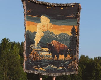 Yellowstone Buffalo Woven Blanket, Wildlife Geyser Tapestry Throw, Rustic National Park Decor, Boho Nature-Inspired Gift, Bison Art