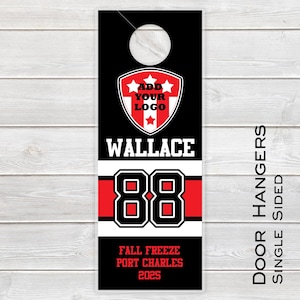 May include: Black and red door hanger with the text "Add Your Logo", "Wallace", "88", "Fall Freeze", "Port Charles", and "2025". The hanger is labeled "Single Sided Door Hangers".
