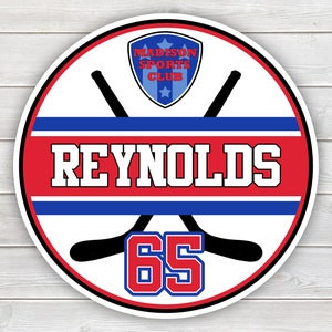 PRINTED Hockey Tournament Hotel Door Sign - Printed Laminated Team Door Hanger, Striped Round with Name, and Jersey Number in Team Colors