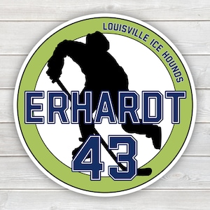 PRINTED Hockey Tournament Hotel Door Sign - Player Silhouette Laminated Team Door Hanger, Round with Name, and Jersey Number in Team Colors