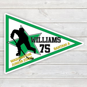 PRINTED Star Pennant Hockey Tournament Hotel Door Sign - Printed Laminated Team Door Hanger with Hockey Player Silhouette, Name and Number