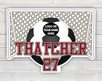 PRINTED Soccer Ball and Net Tournament Sign - Laminated Soccer Team Hotel Door Hanger Personalized with Player Name, Number, Team or Logo