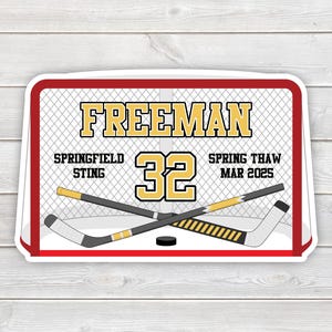 PRINTED Hockey Net Tournament Hotel Door Sign - Printed Laminated Team Door Hanger Personalized with Hockey Player Name, Number, Team Name