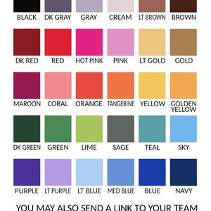 May include: A color chart with 24 different color squares. The colors are labeled with their names, such as black, dark gray, gray, cream, light brown, brown, dark red, red, hot pink, pink, light gold, gold, maroon, coral, orange, tangerine, yellow, golden yellow, dark green, green, lime, sage, teal, sky, purple, light purple, light blue, medium blue, blue, and navy.