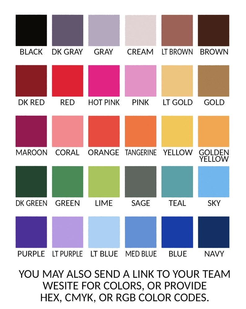 May include: A color chart with 24 different color squares. The colors are labeled with their names, such as black, dark gray, gray, cream, light brown, brown, dark red, red, hot pink, pink, light gold, gold, maroon, coral, orange, tangerine, yellow, golden yellow, dark green, green, lime, sage, teal, sky, purple, light purple, light blue, medium blue, blue, and navy.