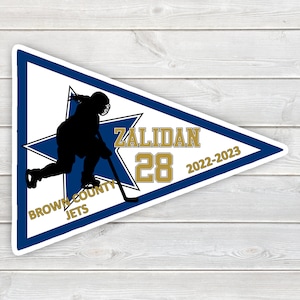 PRINTED Star Pennant Girls Hockey Tournament Hotel Door Sign - Printed Laminated Team Door Hanger with Hockey Player Silhouette, Name Number