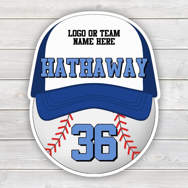 PRINTED Baseball Cap and Ball Sports Sign - Laminated Team Tournament Door Hanger for Hotel or Locker Personalized with Player Name, Number