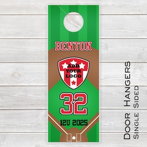 May include: Green and brown baseball-themed door hanger with the name "BENTON" in red and white. Features a shield with space for a logo, the number "32", and the text "12U 2025". The words "Door Hangers Single Sided" are printed vertically.