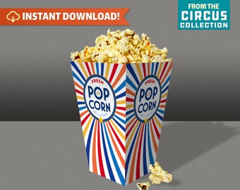 Circus Party Popcorn Box - INSTANT DOWNLOAD- Canival Birthday - Circus Party Decoration - Carnival Popcorn - Edit and print at home