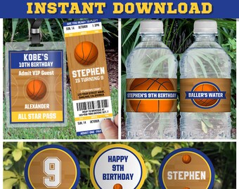 Basketball Invitation & Party Decorations (Blue and Gold) - INSTANT DOWNLOAD! Basketball Party and Invite - EDIT at home with Adobe Reader