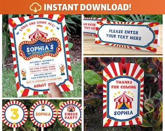 Circus Party Invitations & Decorations - INSTANT DOWNLOAD - Carnival Birthday Party Collection - Circus Decor - Edit with Adobe Reader DC