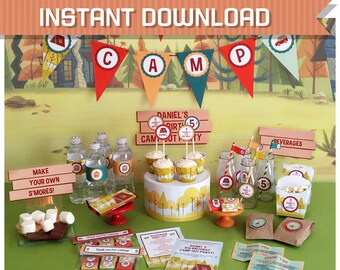 Camping Party Invitations & Decorations - INSTANT DOWNLOAD - Edit and Print at home using Adobe Reader