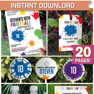 Paintball Party Invitations & Decorations - Paintball Birthday Decorations - INSTANT DOWNLOAD - Edit and Print at home using Adobe Reader