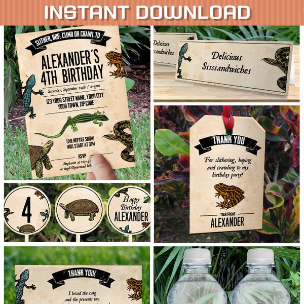 Reptile Party Invitations & Decorations - INSTANT DOWNLOAD - Reptile Birthday Decor - Edit and Print using Adobe Reader