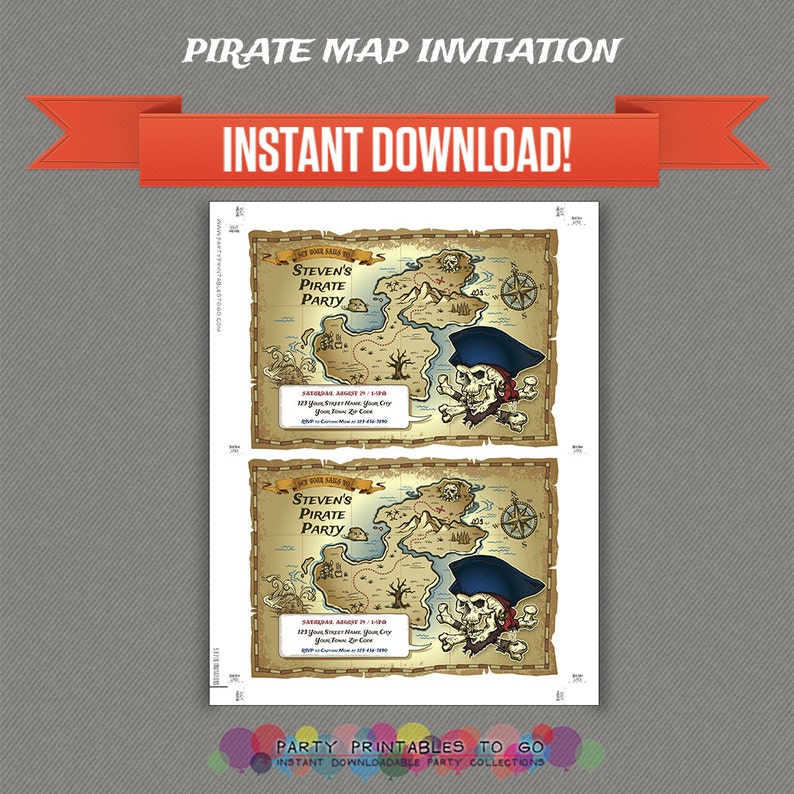 Pirate Map Birthday Party Printable Invitation with FREE Thank you Card Editable PDF files Print at home image 3