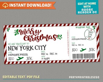 Surprise Trip Merry Christmas Boarding Pass II - Ticket Flight - Gift Voucher | Holiday Vacation - Instant Download! - Edit & print at home