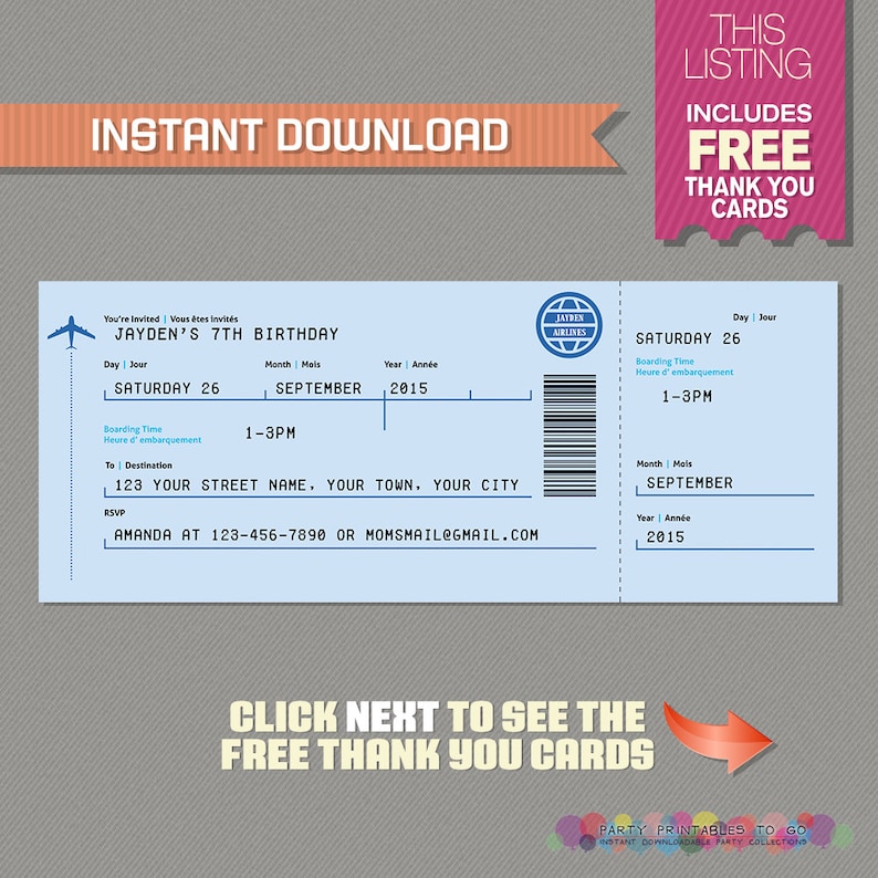  Airplane Boarding Pass Invitation with FREE Thank You Card 