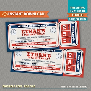 Baseball Ticket Invitation -  Baseball Birthday - Baseball Party Ticket Invitation || Instant Download - DIY Edit at home with Adobe Reader!