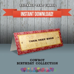 Cowboy Party Printable Tent Cards / Place Cards / Food Labels - Fichier PDF modifiable - Imprimer à la maison