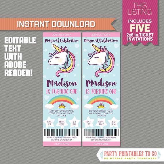Unicorn Ticket Invitation Unicorn Birthday Party Instant Etsy