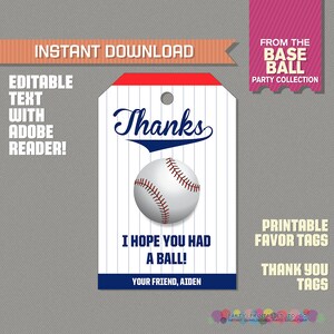 Baseball Party Favor Tag / Baseball Thank you Tag - Baseball Birthday - Baseball Party - Edit and print at home with Adobe Reader