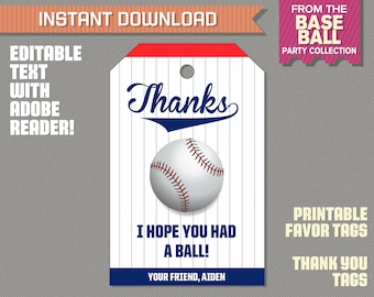 Baseball Party Favor Tag / Baseball Thank you Tag - Baseball Birthday - Baseball Party - Edit and print at home with Adobe Reader