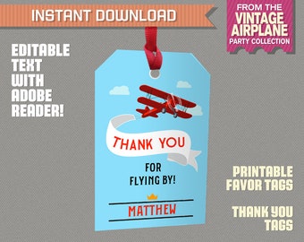 Vintage Airplane Party Favor Tags / Airplane Thank you Tags (Red and Blue) - INSTANT DOWNLOAD - Edit and print at home with Adobe Reader