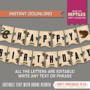 Reptile Party Banner with Spacers - INSTANT DOWNLOAD - Editable PDF file - Print at home - Reptile Birthday Banner - Happy Birthday Banner