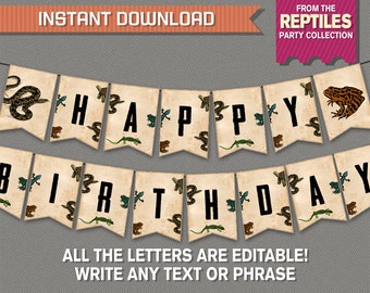 Bannière de fête reptile avec entretoises - TÉLÉCHARGEMENT INSTANTANÉ - Fichier PDF modifiable - Imprimer à la maison - Bannière d’anniversaire reptile - Bannière joyeux anniversaire