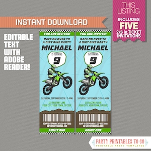Dirt Bike Party Ticket Invitation (Green) - Motocross Birthday Party - INSTANT DOWLOAD - Edit and print at home with Adobe Reader