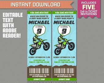 Dirt Bike Party Ticket Invitation (Green) - Motocross Birthday Party - INSTANT DOWLOAD - Edit and print at home with Adobe Reader