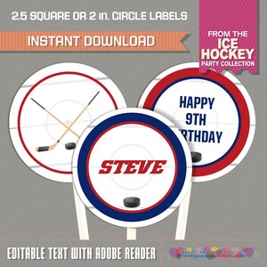 Eishockey-Party-Druckbare Geburtstags-Etiketten - Eishockey-Geburtstag - Rot Blau - INSTANT DOWNLOAD - Bearbeiten und drucken Sie zu Hause mit Adobe Reader