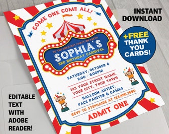 Circus Invitations - Carnival Birthday Invitations - Carnival Party - Circus Party Invitations - INSTANT DOWNLOAD - Edit and print at home