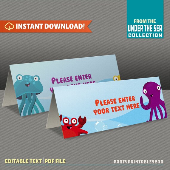 Under the Sea Party Tent Cards - Under the Sea Birthday Tent Cards / Place Cards / Food Labels - INSTANT DOWNLOAD - Edit and print at home Il_570xn