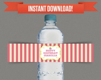 Circus Carnival Party Water Bottle Labels or Napkin Rings - Pink &Yellow - Edit and print at home with Adobe Reader - Instant Download