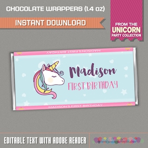 Unicorn Party Candy Bar Wrappers - Unicorn Birthday - Unicorn Chocolate Wrapper -INSTANT DOWNLOAD - Edit and print at home with Adobe Reader
