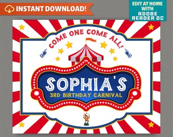 Carnivals Circus Printed on Foam Board Personalized Birthday Welcome Sign Welcome Poster Board Stripe Line Background Red Curtain