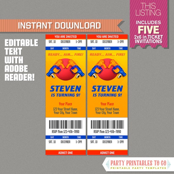 Nerf and Dodgeball Party Ticket Invitation (Blue and Orange) - INSTANT DOWNLOAD - Nerf War Birthday Party - Edit and print with Adobe Reader Il_570xn