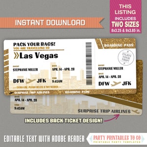 Editable Airplane Boarding Pass (Gold Glitter - Las Vegas) Surprise Trip Flight Gift Voucher - Instant Download! - Edit and print at home