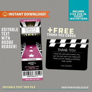 Uitnodiging voor een Red Carpet Party Ticket met GRATIS bedankkaart! (Roze en zilver) - INSTANT DOWNLOAD - Thuis bewerken en afdrukken met Adobe Reader