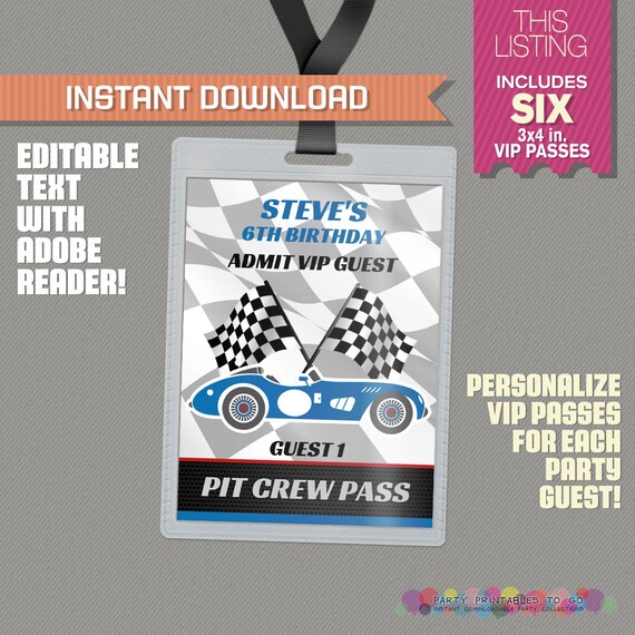 Race Car Party Pit Crew Pass printable Insert - Race Car Birthday, Race Car Party Vip Pass - Edit and print at home with Adobe Reader! Il_570xn